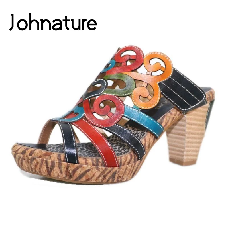 Женские шлепанцы в национальном стиле Johnature сланцы из натуральной кожи разных