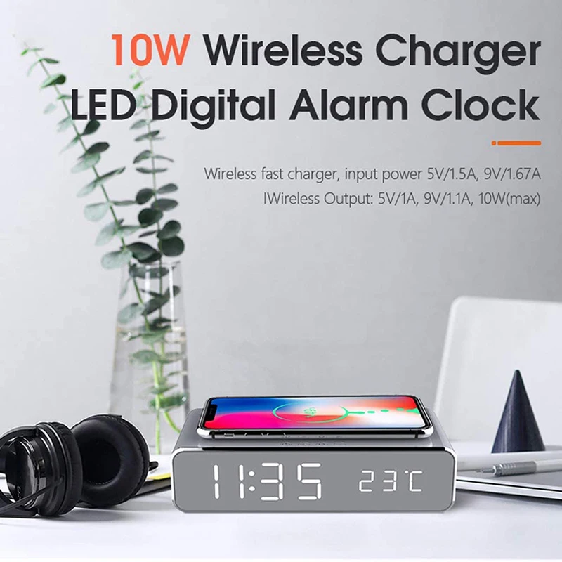 

HD Mirror Surface LED Table Clock Time Date Temperature Display Alarm Clock With Wireless Charger For Home Bedroom Office