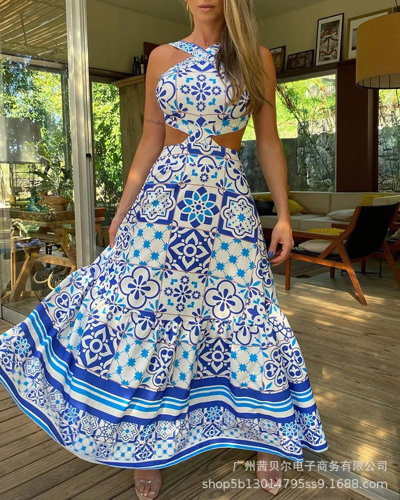 

Wepbel Women Dress Hollow Out Ethnic Style Halter Backless Vogue Vintage Sexy Large Swing Ankle Print Long Dress