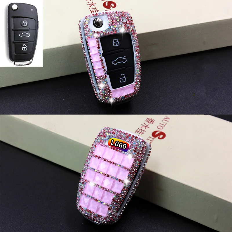 

Luxury Diamond Car Key Case Bling Cover Key Shell Holder with key chain Accessories For Audi A1 A3 A4 A5 Q7 A6 C5 C6 Car-Styling