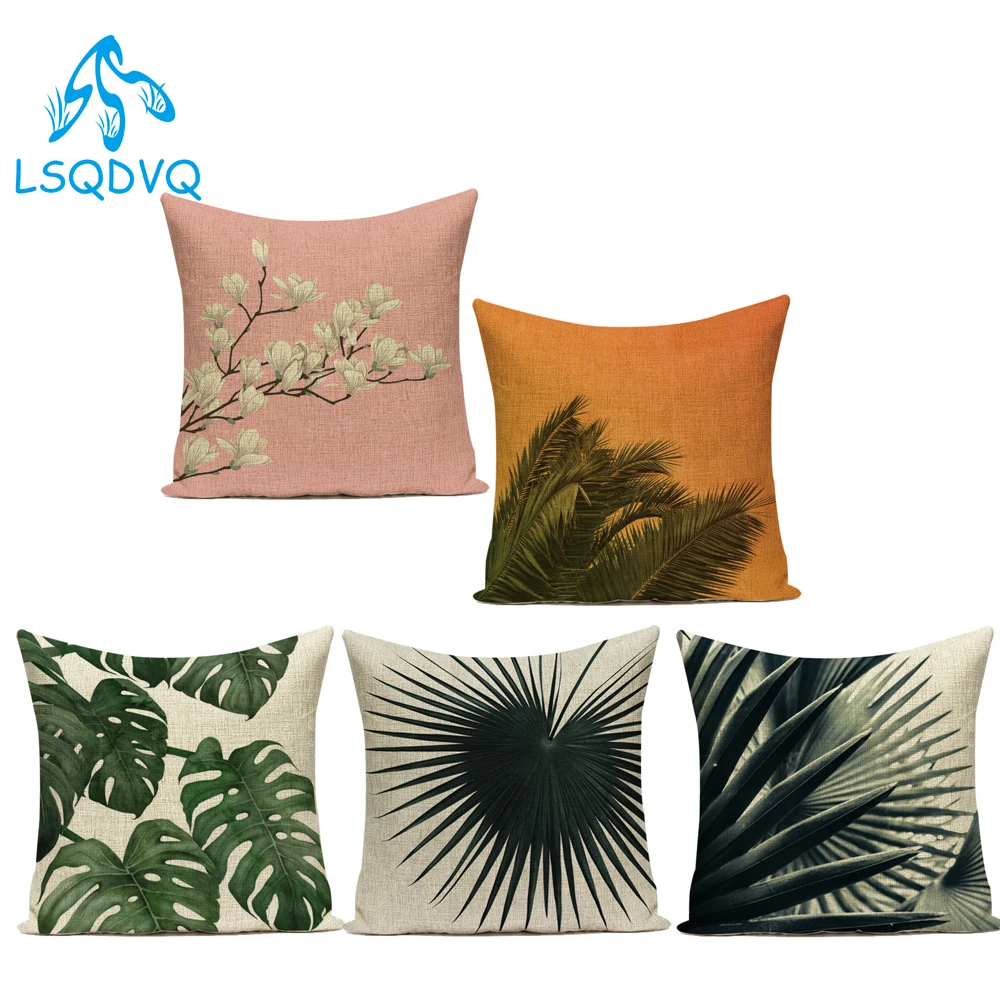Декоративные подушки с тропическим зеленым листом пальмы и цветущей сливы, чехол из полиэстера для дивана, спальни, подушечный чехол.