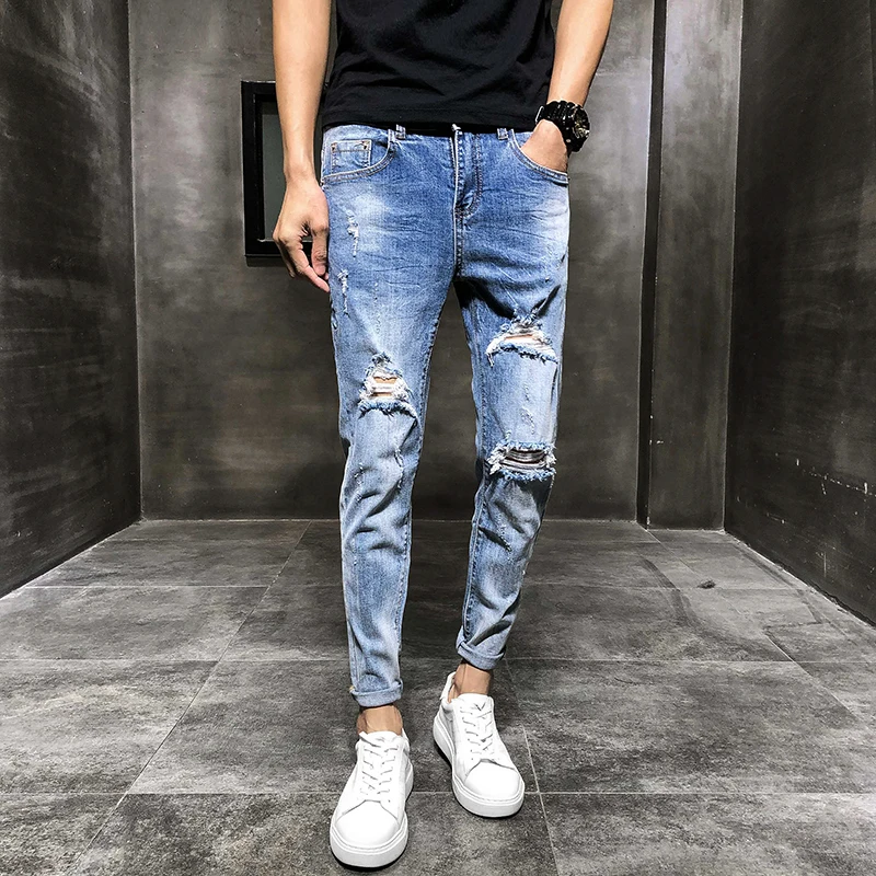 

2021 Spring New Distressed Broken Hole Jeans Casual Vintage Pencil Jean Stretch Denim Fashion Stretch Denim Pantalon Homme