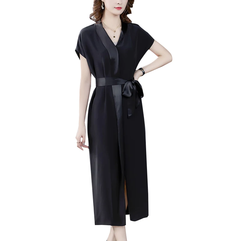 

COIGARSAM 3XL Plus Size Short Sleeve Women Long dress New Summerlt V-Neck Dresses Black 8953