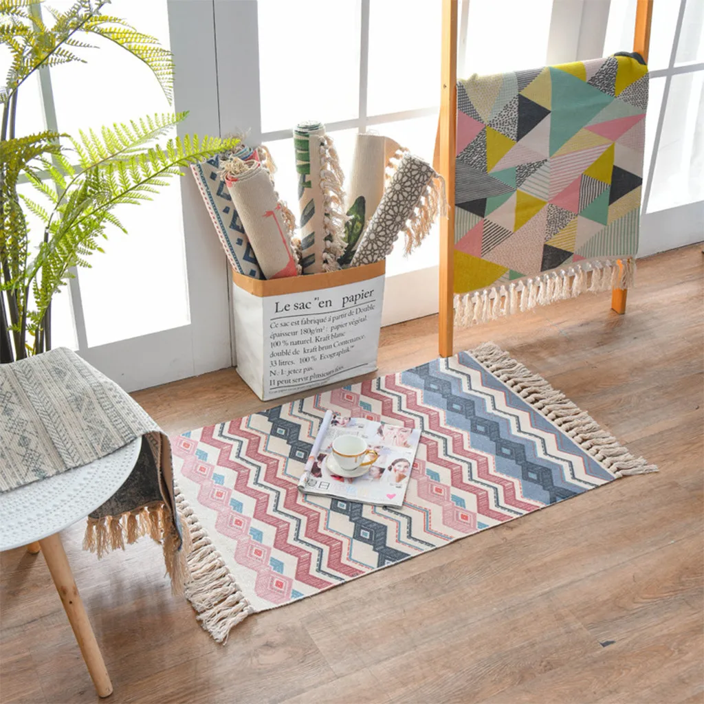 Богемный Плетеный вручную коврик из хлопка и льна с принтом растений