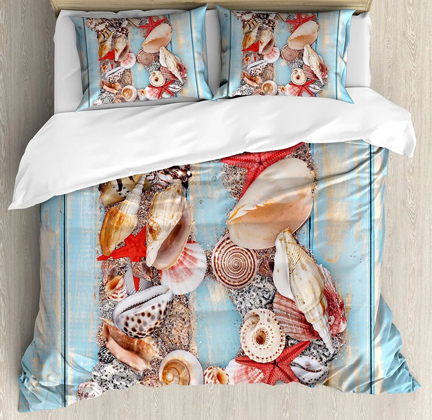 

Letter B Duvet Cover Set Pillowcase Alphabet ABC Ocean Theme Elements Starfish Seashell Pale Color Bedding Set for Home