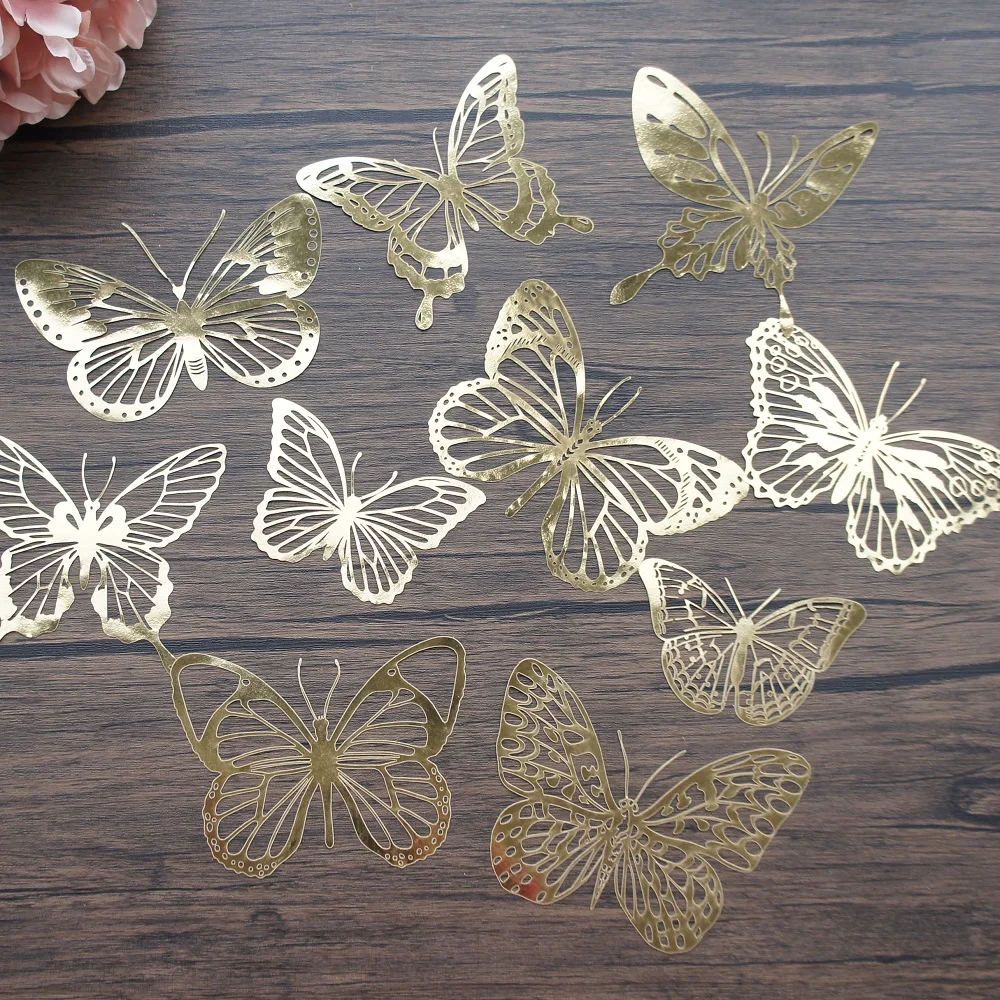 

10pcs Gold Hollow Out Paper Flying Butterfly Design As Scrapbooking Background Decoration Use