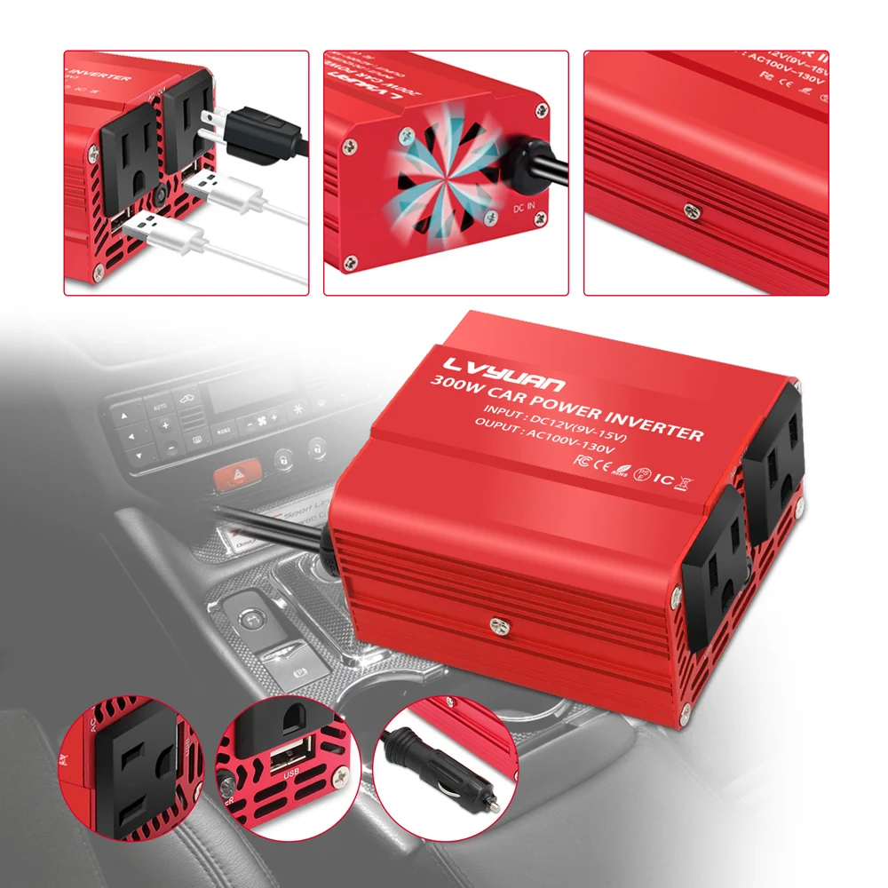 

LVYUAN 300W Power Inverter DC 12V to 220V/110V AC Voltage Converter with 3.1A Dual USB Car Adapter Auto Inversor EU US Socket