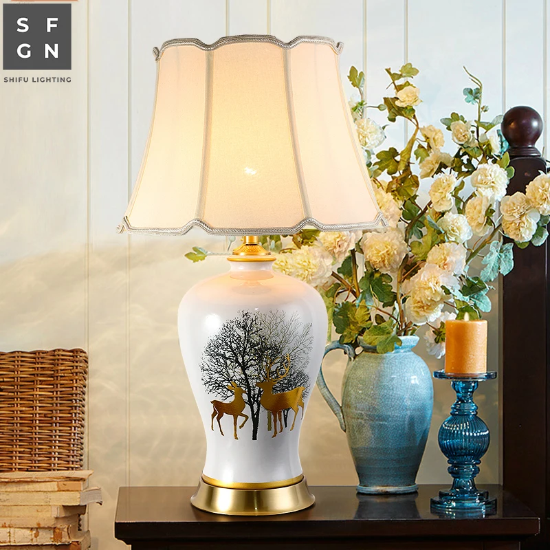 Медная настольная лампа прикроватная Цзиндэчжэнь керамическая просторные