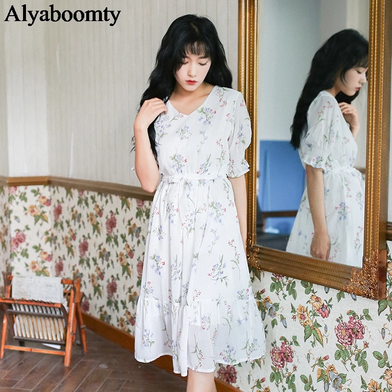 2020 New Summer Women Floral Long Dress V Neck Flowers Printed High Waist Vestidos Femininos Chiffon Ruffles Mori Girl Dresses | Женская