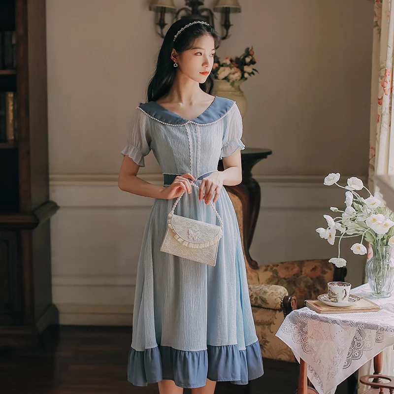 

Женское шифоновое платье средней длины, голубое нежное платье с бусинами и кукольным воротником в винтажном французском стиле, лето