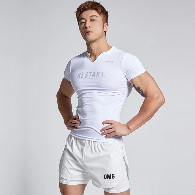 

Gym Training T-Shirt Summer Quick Dry Fitness Exercise Men V neck Tight Short Sleeve Male sports Tees