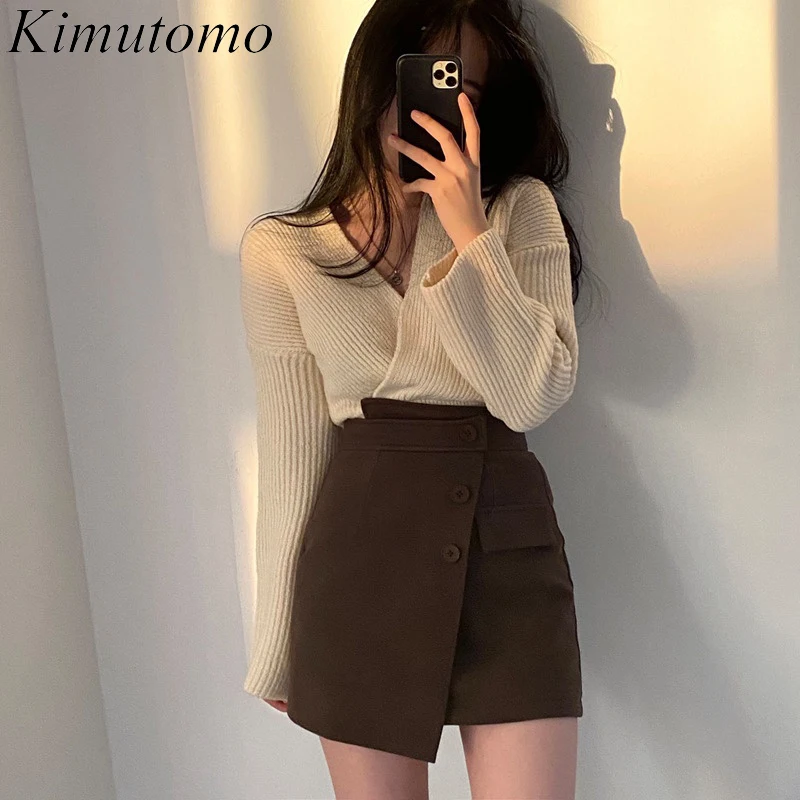 

Комплект женский трикотажный Kimutomo, юбка с высокой талией, с V-образным вырезом, нестандартный, осень 2021