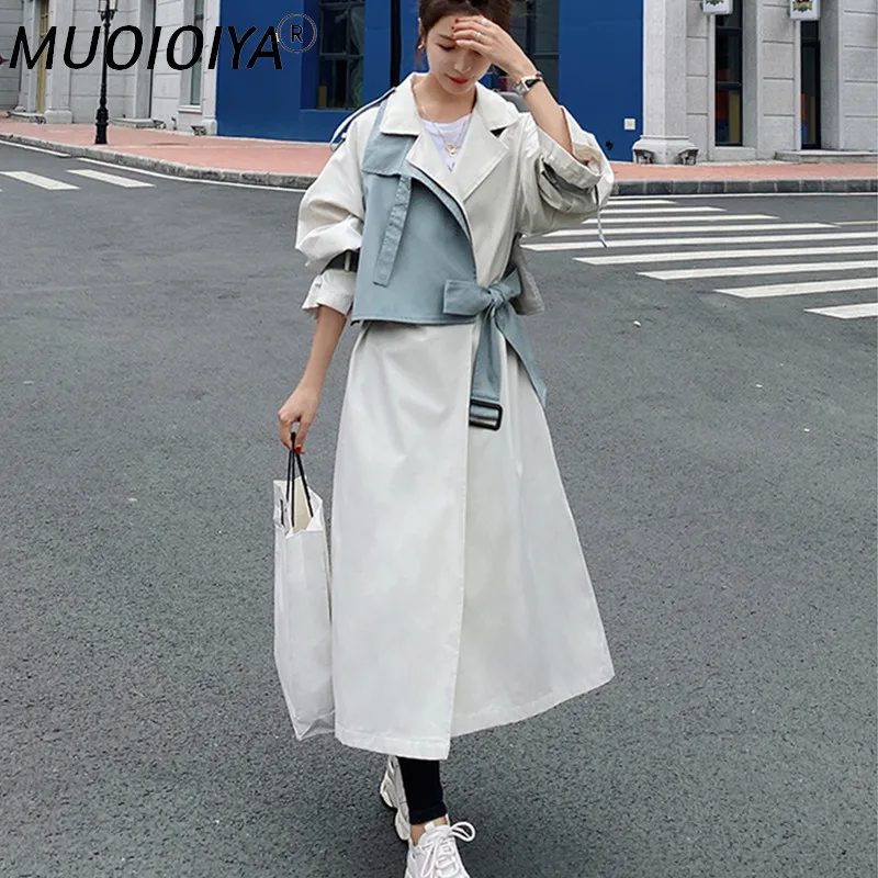 

Women's Windbreaker Spring Autumn 2021 New Korean Loose Long Single-Breasted Beige Blue Stitching Fashion Trench Coat Outwear