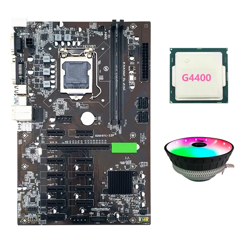 B250 BTC Mining Motherboard with G4400 CPU+RGB Cooling Fan 12X Graphics Card Slot LGA 1151 DDR4 for Miner | Компьютеры и офис