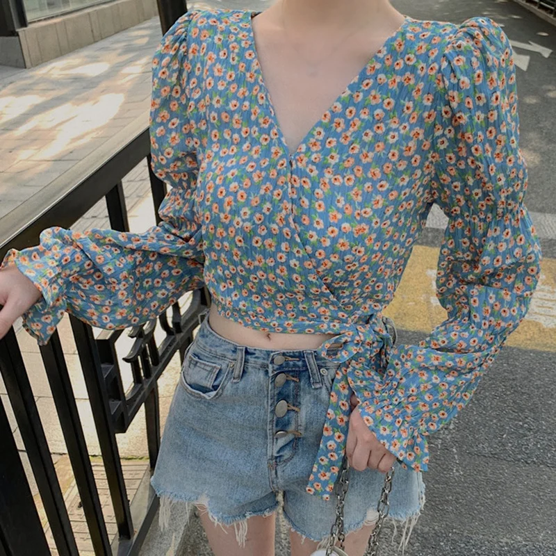 

Sweet Floral Printed Blusas Women Cute Long Sleeve Chiffon Shirts Female V Neck Blue Blouse Cozy Crop Tops Ropa Mujer Femme
