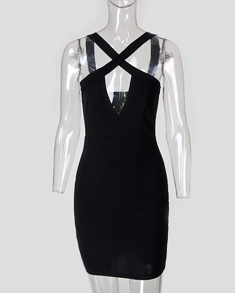 

Women Summer Party Club Solid Dress Sexy Crisscross Neck Bodycon Dress Elegant Fashion Summer Mini Dress