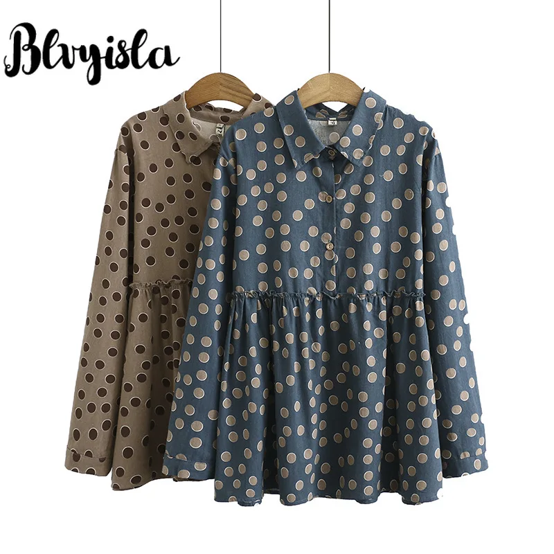 

4XL Oversize Blouse Polk Dot Cotton Long Sleeve Loose Shirts Overweight Female Turn-down Collar Plus Size Tops