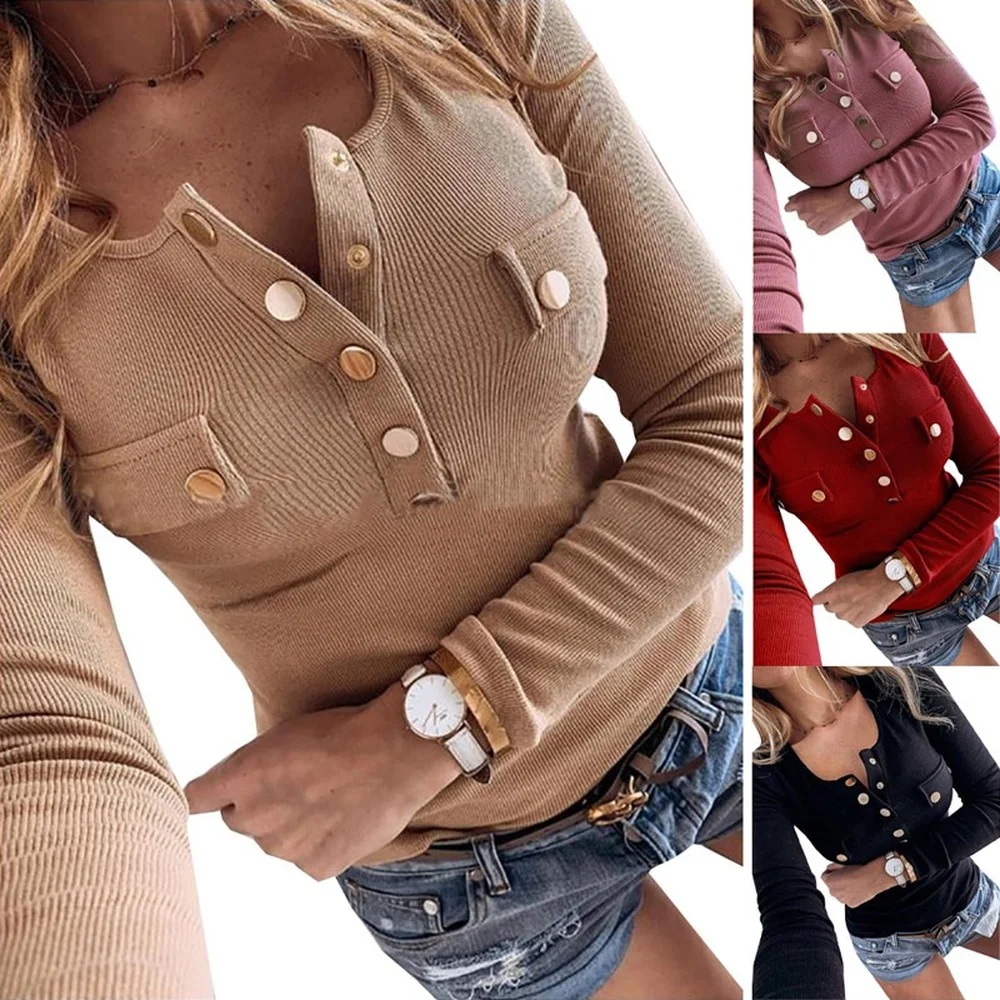 

Women Casual Long Sleeve Blouse Shirt Fashion Buttons V-Neck Pullover Jumper Tunic Tops Sweaters Single Breasted Button