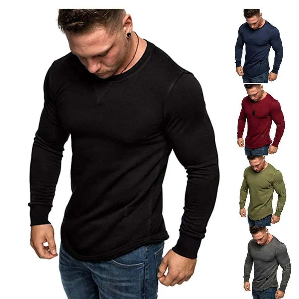 

Muscle Men Sport Fitness Pullover Shirt Male Solid Color Long Sleeve Tops