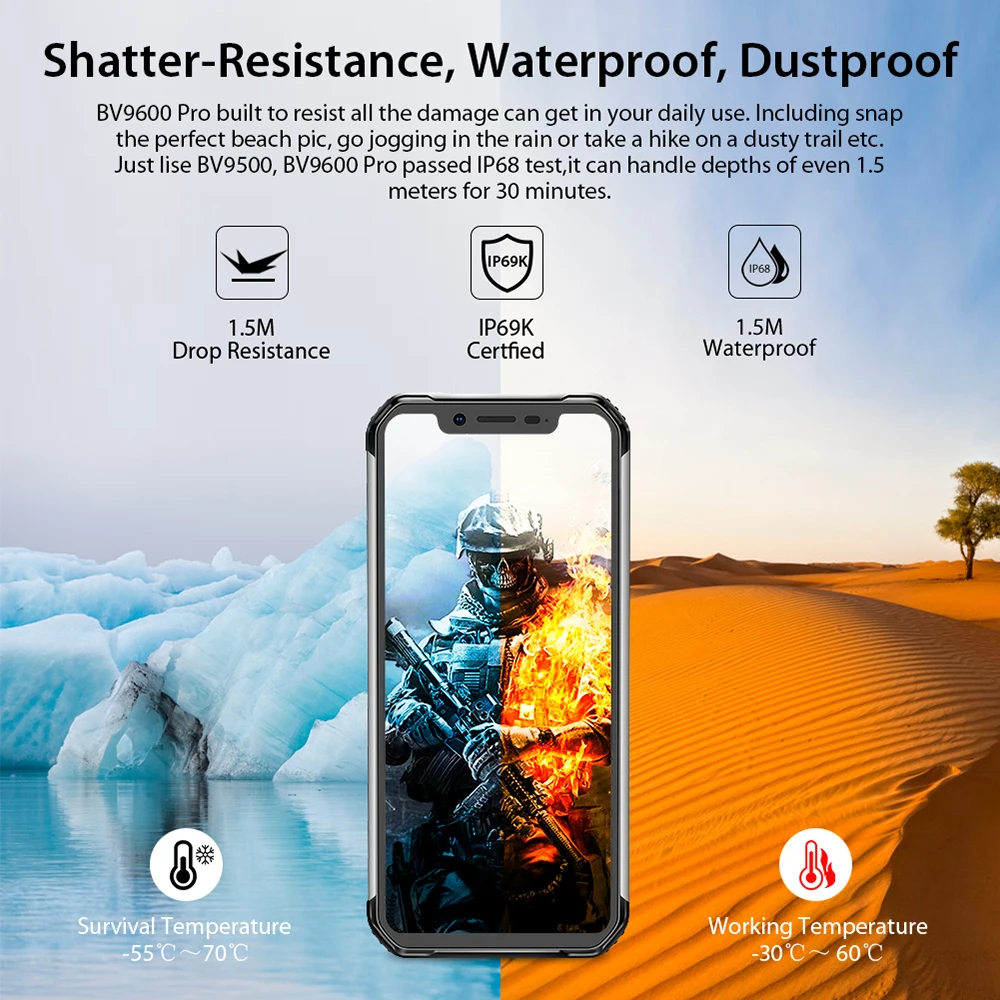 Blackview BV9600 Pro Helio P70 водонепроницаемый прочный смартфон 6 ГБ+ 128 ГБ Android 9,0 мобильный телефон 19:9 AMOLED Открытый 4G мобильный телефон