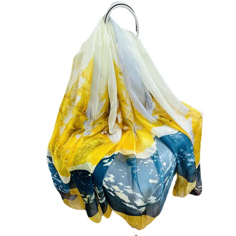 

China's new wind new fabric Yunwen yarn light thin satin big shawl beach long towel flame sunscreen woman