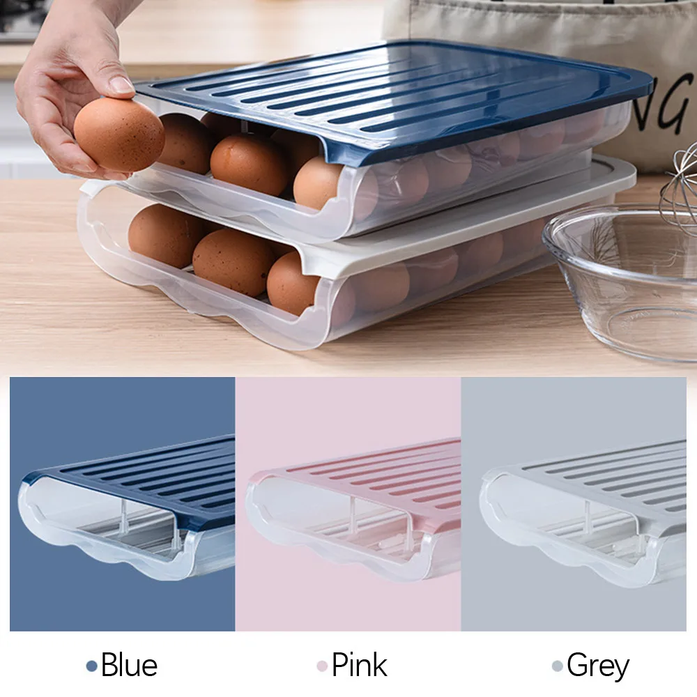 

Egg Storage Box Single Layer with Lid Auto Roll Plastic Transparent Egg Case Large Capacity Refrigerator Egg Preservation Box