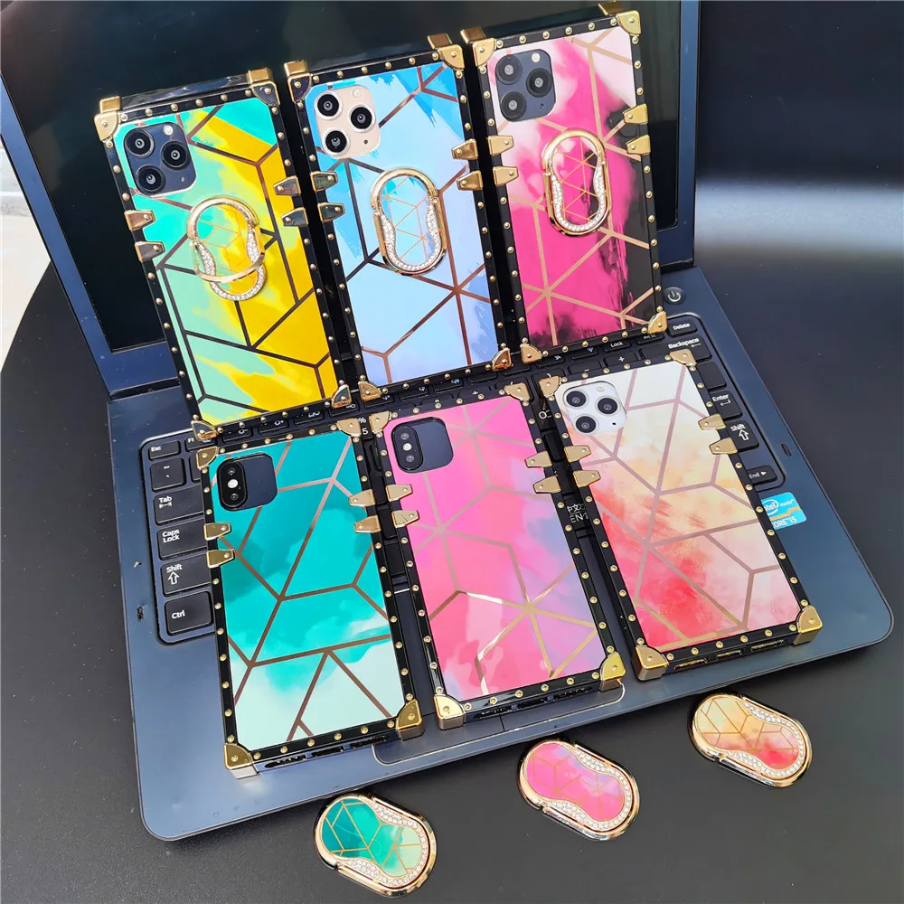 

Luxury Glitter Gold Square Case For iPhone 12 Pro Max 11 X XS MAX XR 6s 7 8 Plus Geometric Splice Colorful Gradient Phone Cover