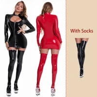 aiiou ladies sexy patent faux pu leather mini dress with stocking sets women erotic wetlook skinny dress fetish bondage costumes