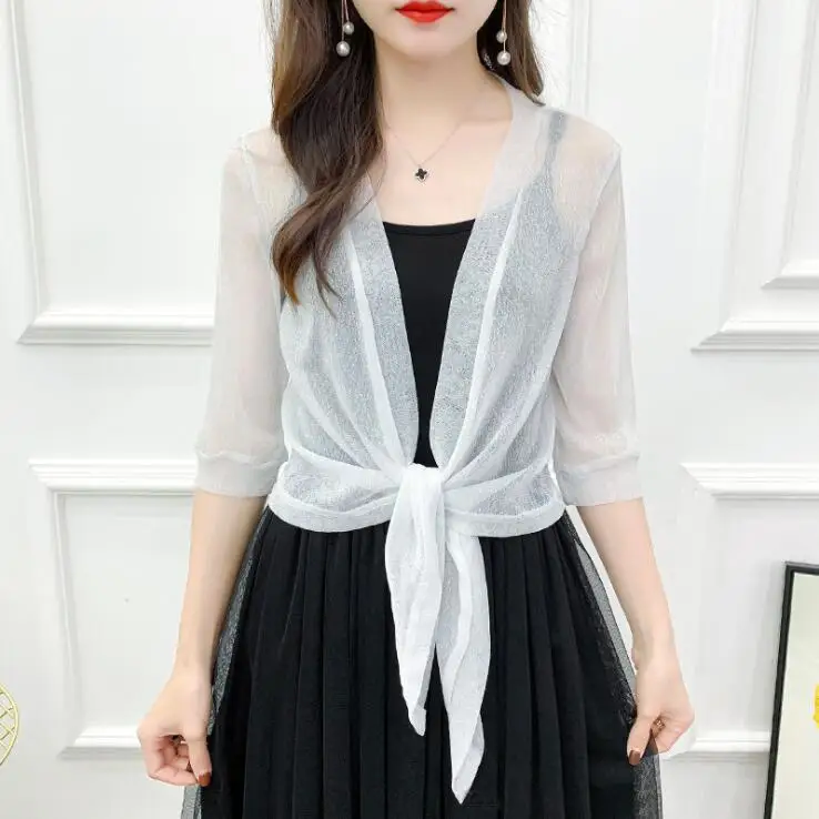 #3529 Summer Chiffon Short Jacket Women Half Sleeve See Through Tops Kimono Jacket Cardigan Sexy Thin Sunscreen Coat Ladies