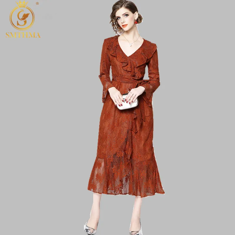 SMTHMA кружевное платье с оборками сексуальное карамельного цвета для подиума