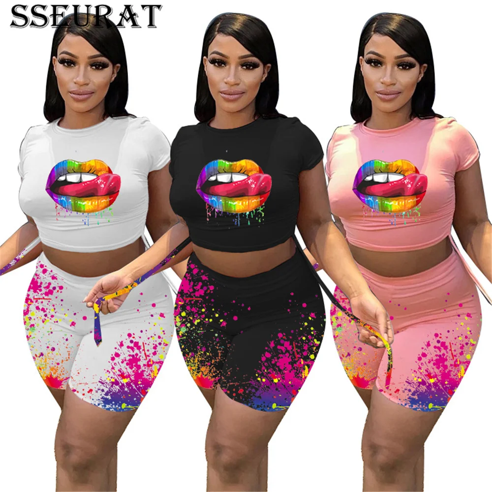 

SSEURAT Summer Women's Set Print O-neck T-shirts Shorts Jogger Suit 2 Piece Set Tracksuit