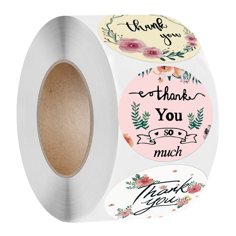 

1 Roll "Thank You" Letters Floral Print Label Stickers Craft Per Roll Stationery Adhesive Sealing Baking Paper Stickers