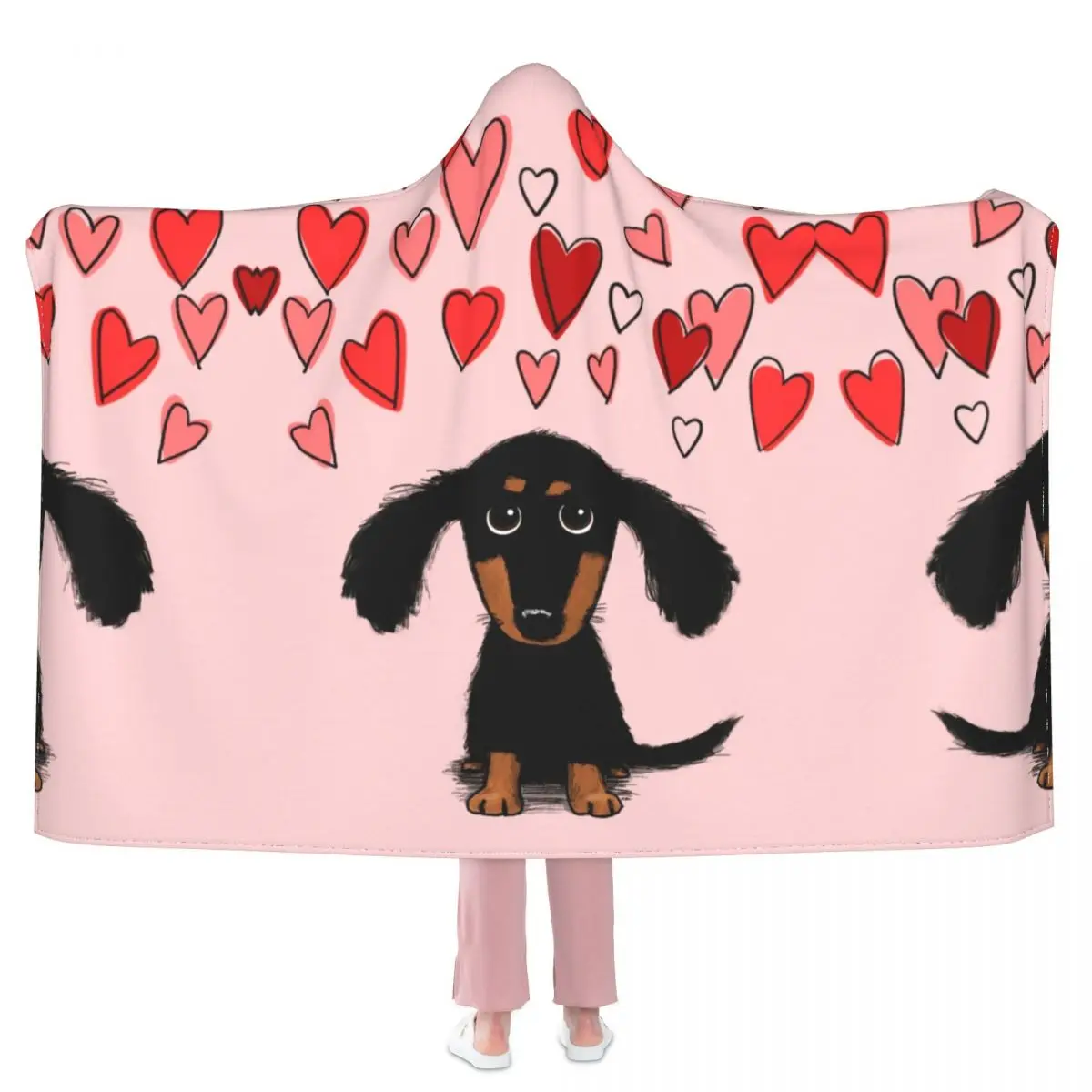 

Cute Dachshund Puppy Dog With Valentine Hearts Blanket Pet Lover Super Fashion With Hood Bedspread Big Fleece Armchair Blanket