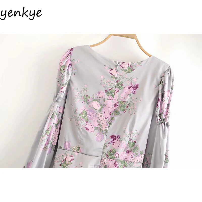 

Vintage Floral Print Draped Bodycon Mini Dress Romantic Women Sexy V Neck Lantern Sleeve Ruffle Dress Summer vestidos