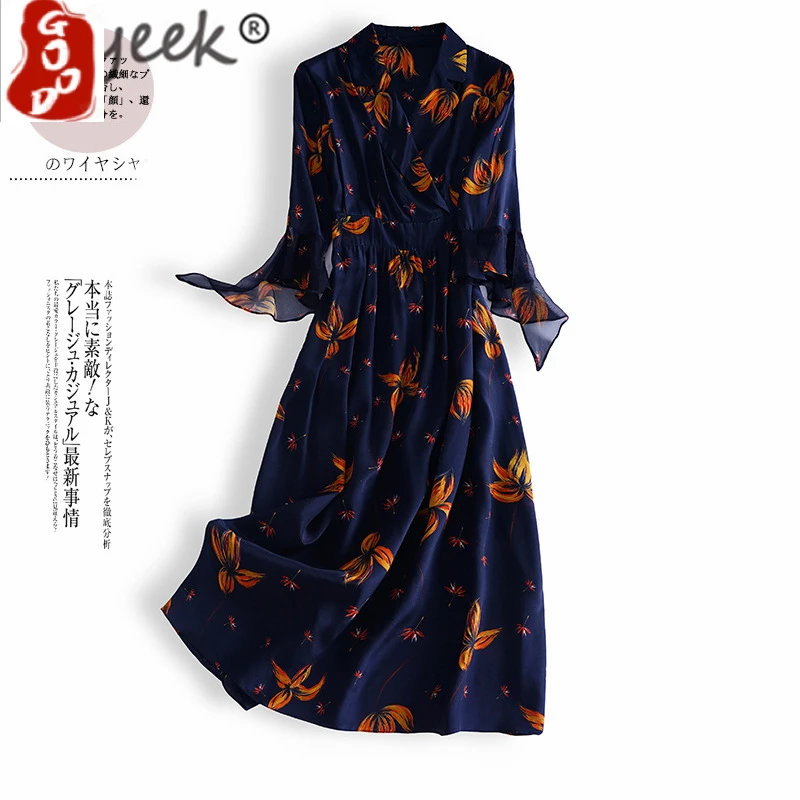 

100% Real Silk Summer Dress Women Clothes 2021 Vintage Boho Floral Long Dresses Woman Elegant Ruffles Party Vestidos 3437