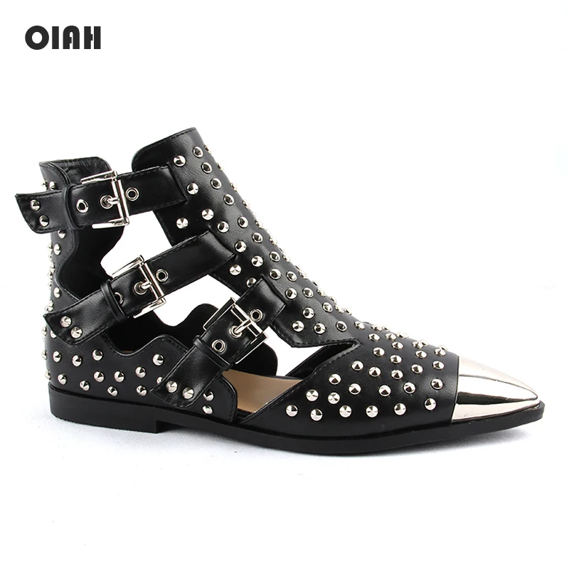 Женские ботинки с заклепками Черные ботильоны в стиле панк металлическим носком