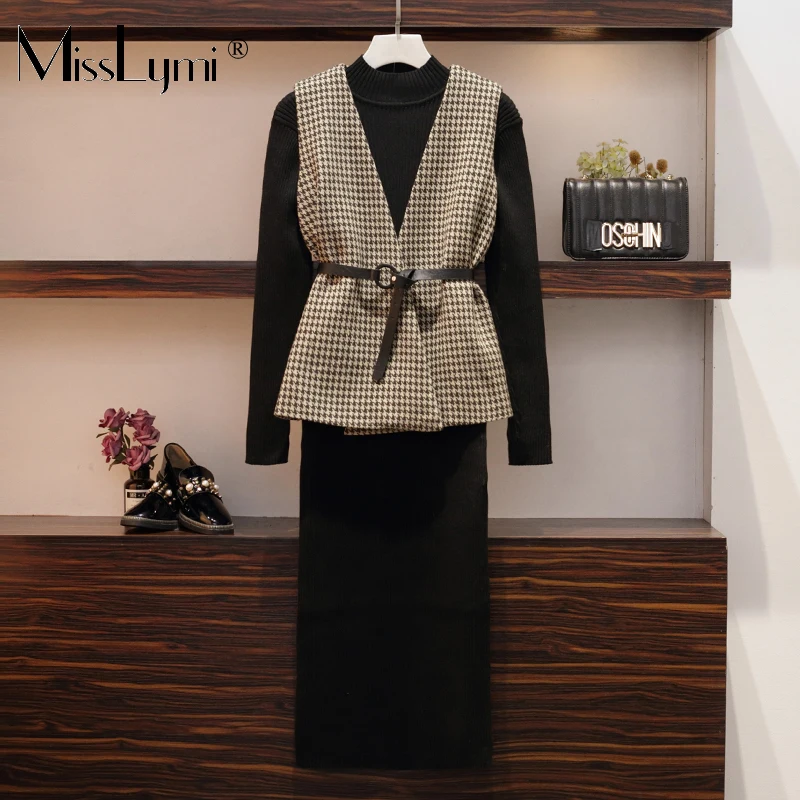 MissLymi L-5XL свитер платье набор 2019 осень зима большой размер женский костюм жилет +
