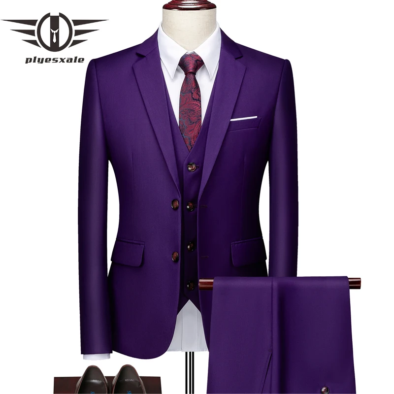 

Plyesxale Luxury Brand Formal Suit Men 2020 Slim Fit Purple Wedding Dress Costume 3 Pieces Homme Mens Business Suits 6XL Q1026