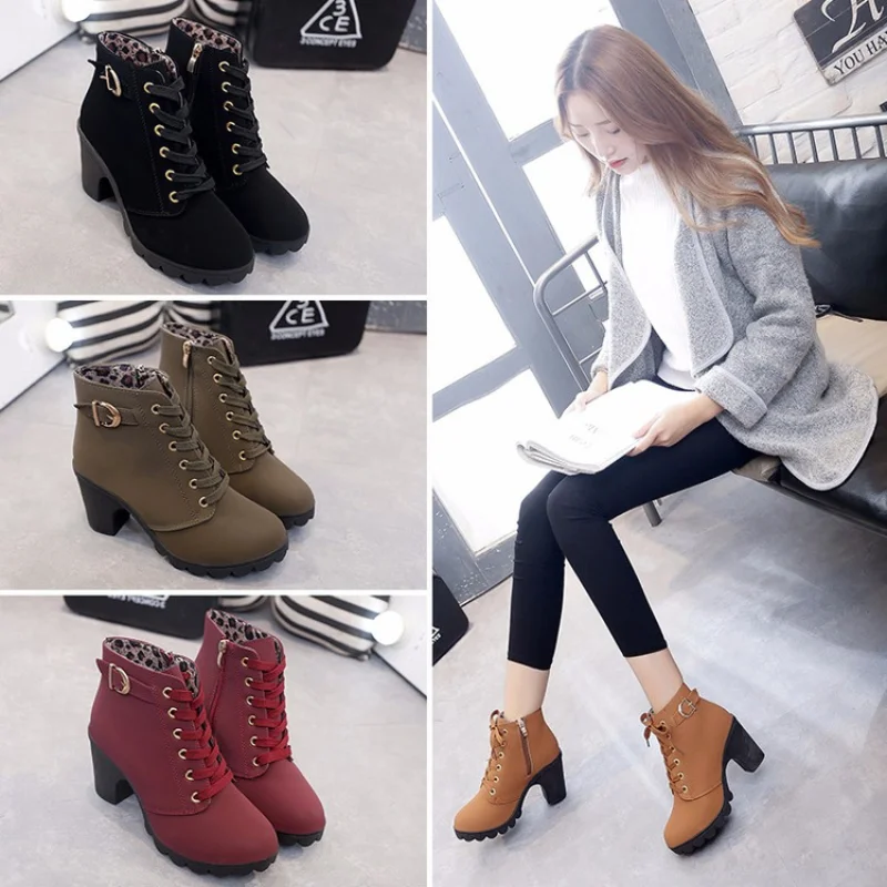 

Plus Size Ankle Boots Women Platform High Heels Women's Boots Buckle Shoes Thick Heel Short Boot Ladies Drop Shipping Fur Boots