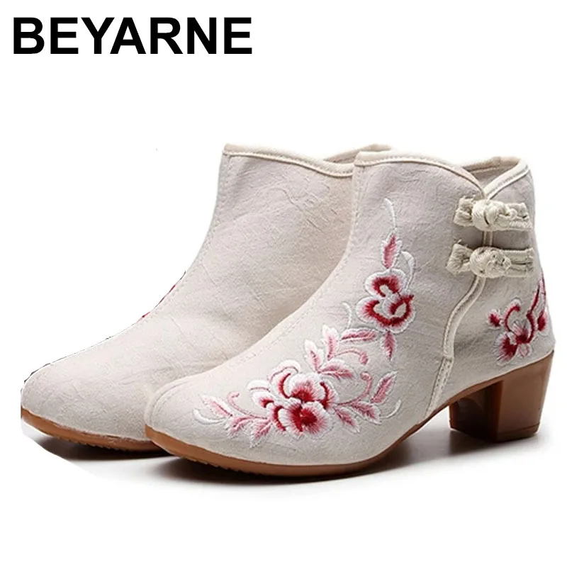 

BEYARNE Vintage Women Cotton Fabric Block Heel Short Ankle Boots Elegant Ladies Casual Comfortable Booties Retro Autumn Shoes