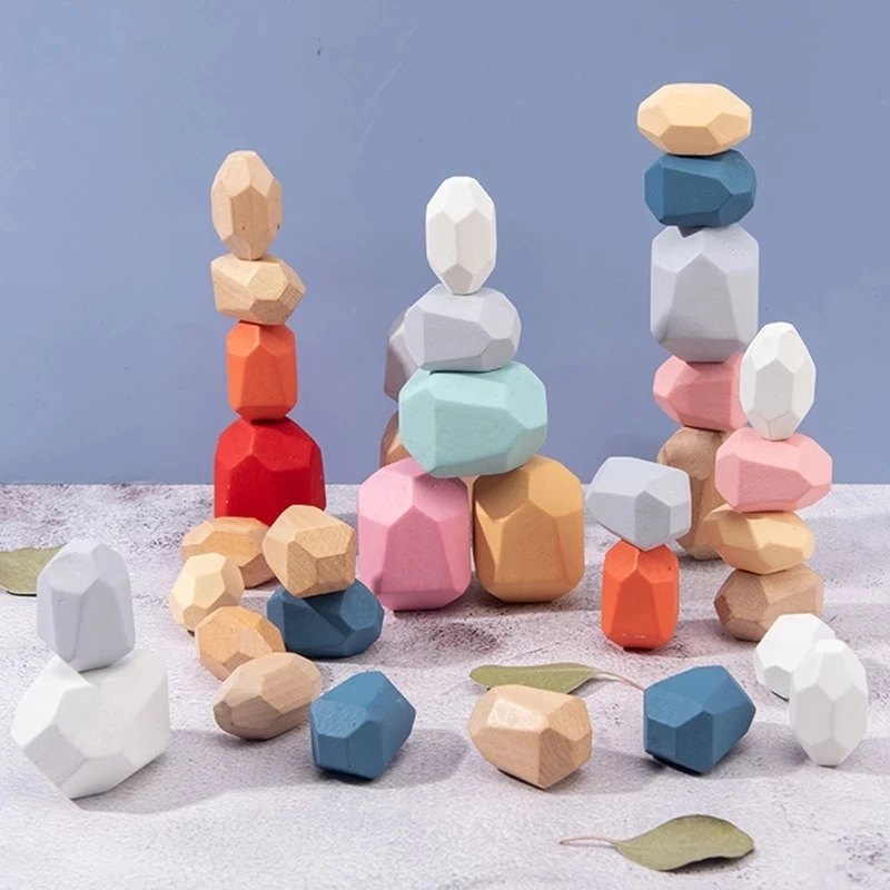 Jenga de madera bloques de construcción de piedra de color creativo juguetes educativos, estilo nórdico, juego de apilamiento de piedra del arco iris juguete de bloques de madera