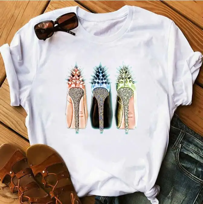 

Women Short Sleeve High Heels Printed Tops Beach Casual Loose O-Neck Top T Shirt