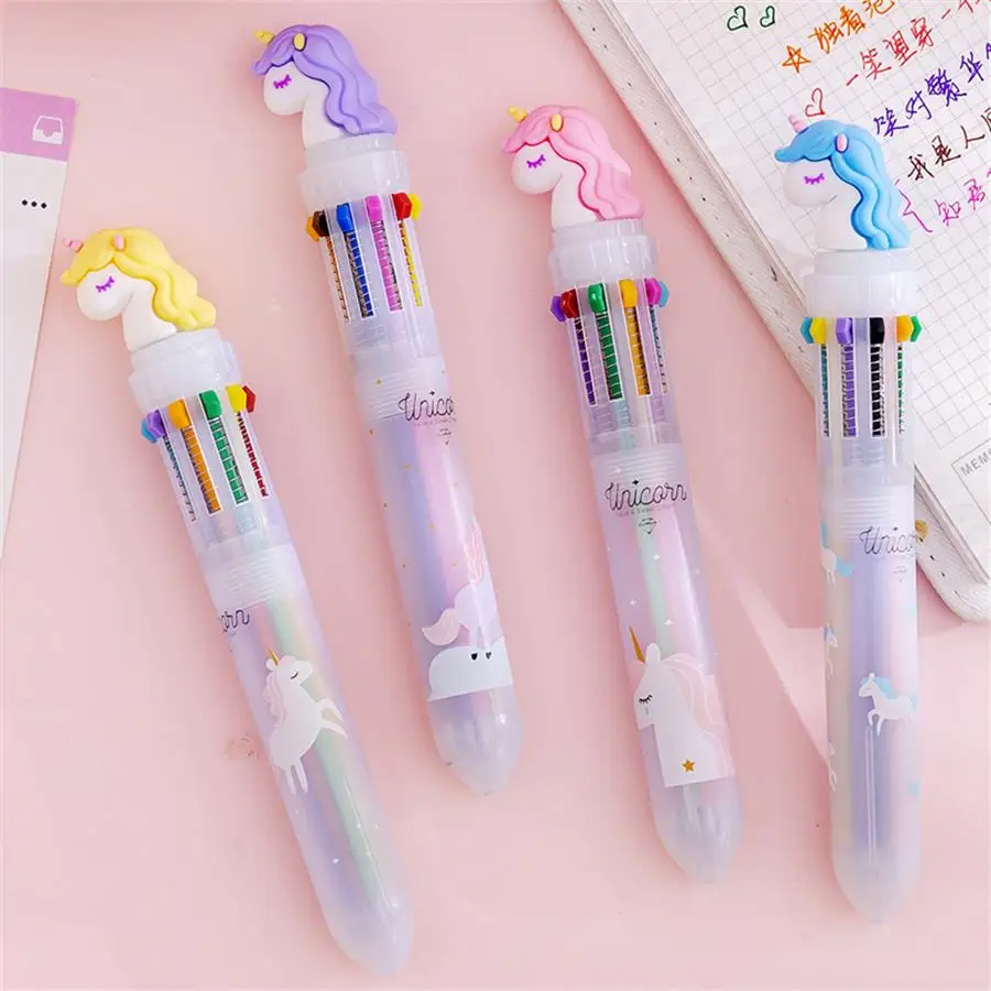 Kawaii Радужная гелевая ручка с единорогом 10 в 1 Цветные Шариковые Ручки Детские