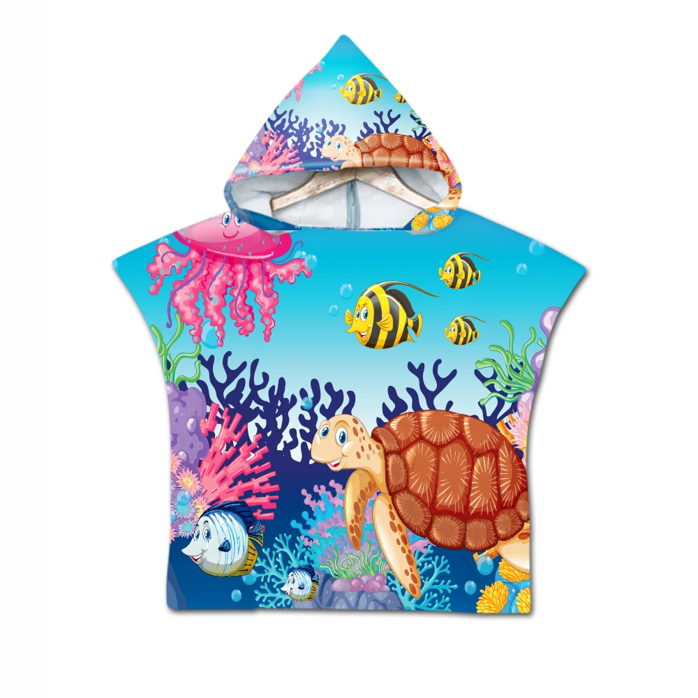 

New Children Marine Animal World Hooded Cloak Beach Towel Cartoon Printed Microfiber Baby Boys Girls Kids Swimming Bath Towel