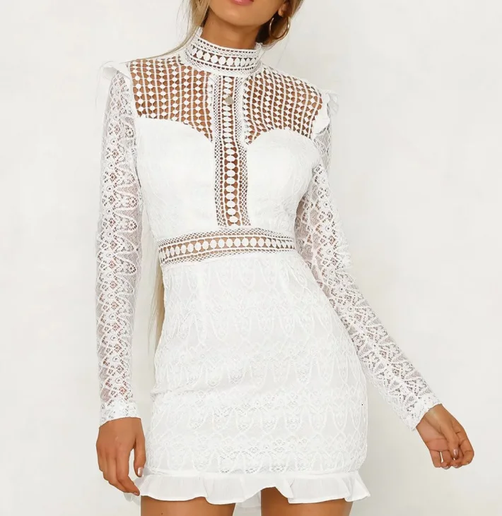 Кружевные вечерние платья с длинным рукавом тонкое осенне-зимнее мини-платье