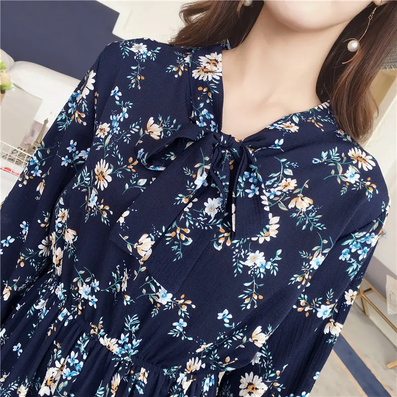 

Korean Style Spring Long Sleeve Dress Lady Casual Summer Floral Print Chiffon Shirt Dress fashion Bow Midi Dress Vintage Vestido