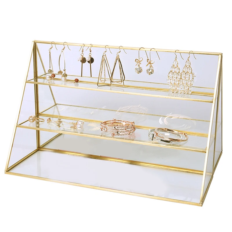 3 х уровневый Стекло ювелирные изделия Дисплей витрина с золотистыми