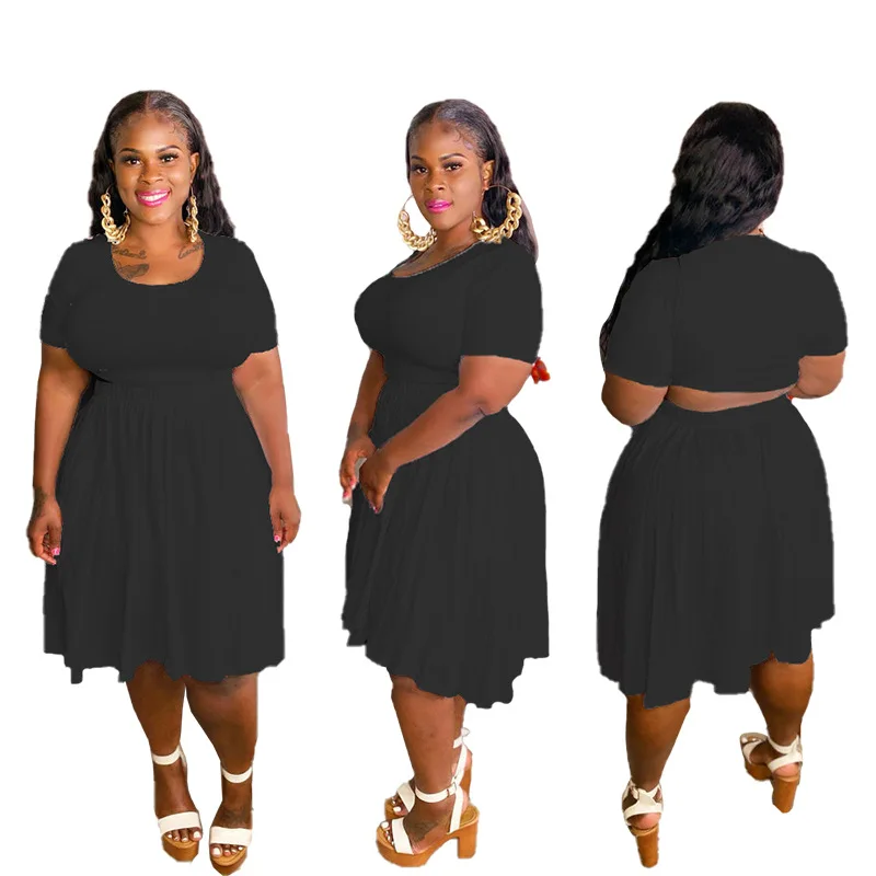 

Plus Size Two Piece Set Solid Color Elastic Waist Outfits Women's Short Sleeve Tee with Skirt XL-5XL