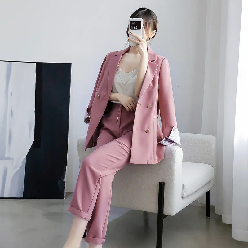 

Plus Size 5XL Pink Suit Trousers Suits High-quality Blazer Feminine 2021 New Women's Jacket Office Clothing Two-piece Set