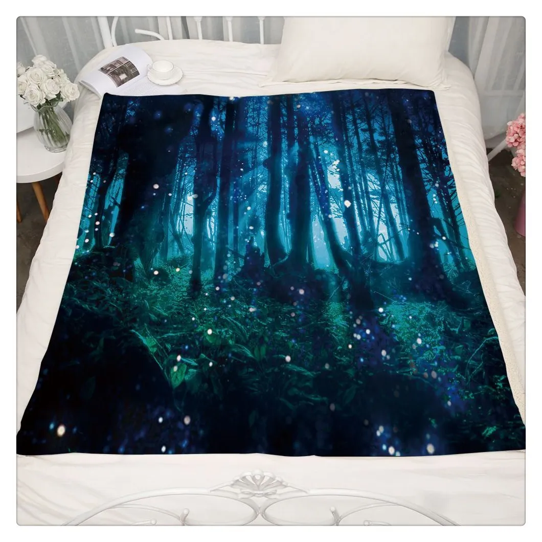 

Soft Cartoon Polyester warm winter Blanket Thickened Double-layer Glamorous and dreamlike forest tree Printed Blanket